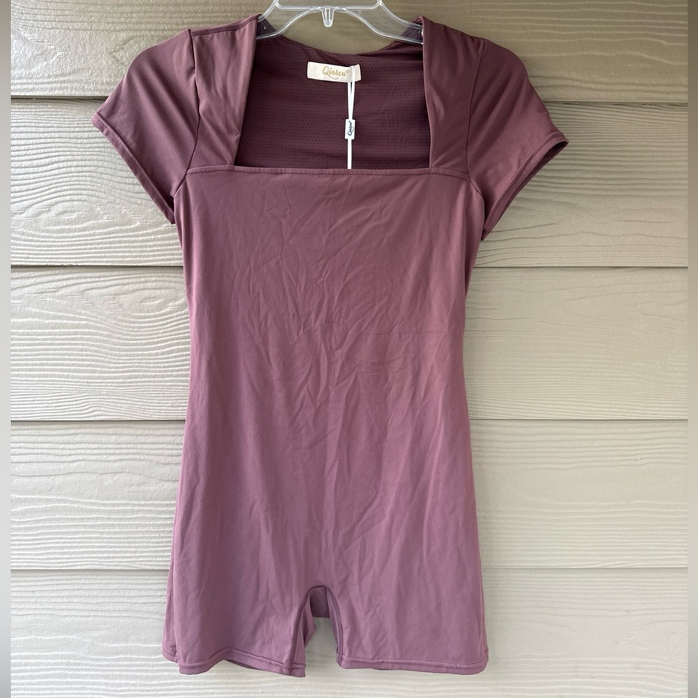 Qinsen Women's Brown Taupe Square Neck Bodysuit Romper Activewear Jumpsuit Sz L - Picture 2 of 9